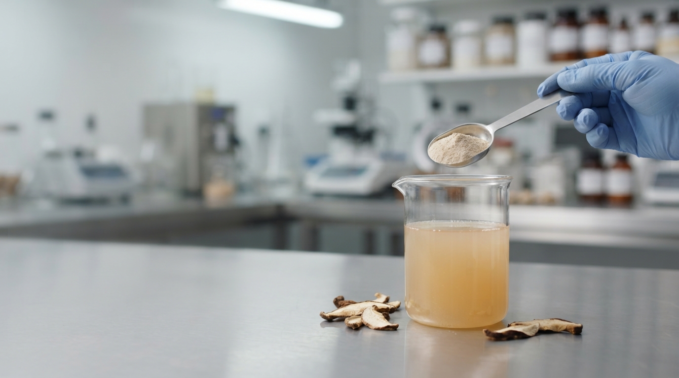 Mushroom extract powder being weighed for functional beverage formulation.
