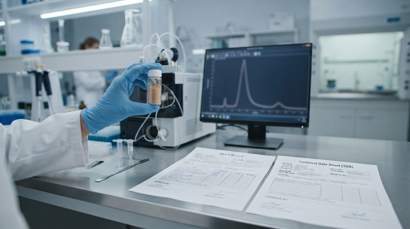 Analytical testing of mushroom extract powder with printed quality documents.