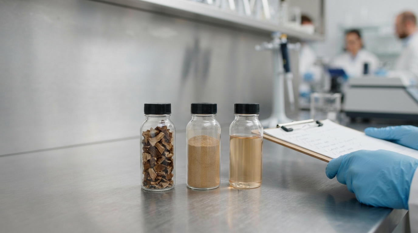 Comparing mushroom source material, powder extract, and liquid extract samples.