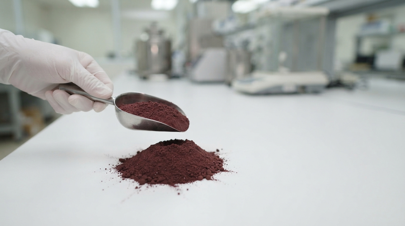 Bulk PQQ powder in a stainless steel scoop during clean ingredient sampling.