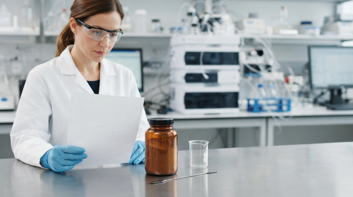 QC specialist comparing bulk PQQ powder with CoA and TDS documents in a laboratory.