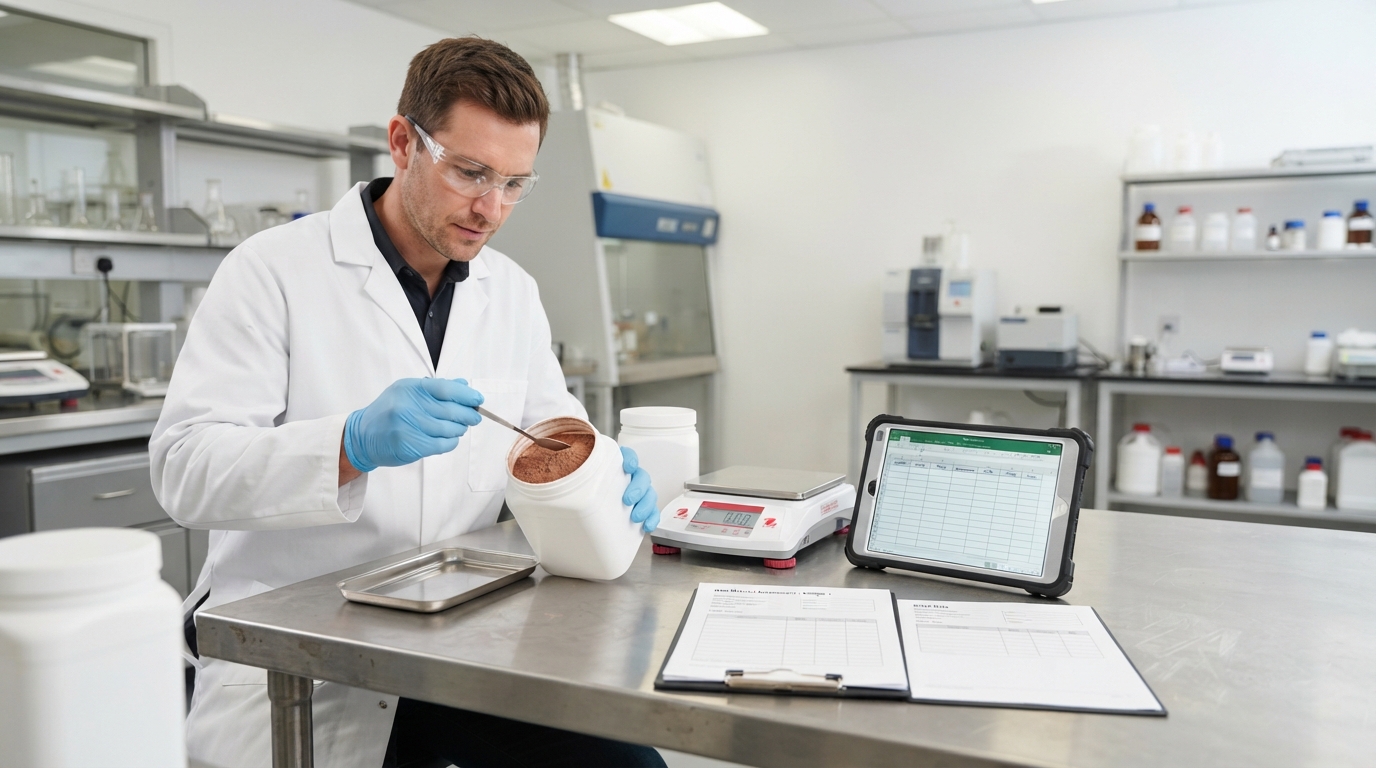 Specialist evaluating a bulk PQQ powder sample against application requirements.
