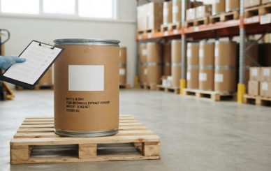 Sealed drum of standardized extract powder with gloved hand holding a checklist, representing commercial MOQ.