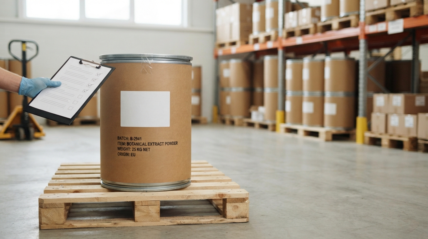 Sealed drum of standardized extract powder with gloved hand holding a checklist, representing commercial MOQ.