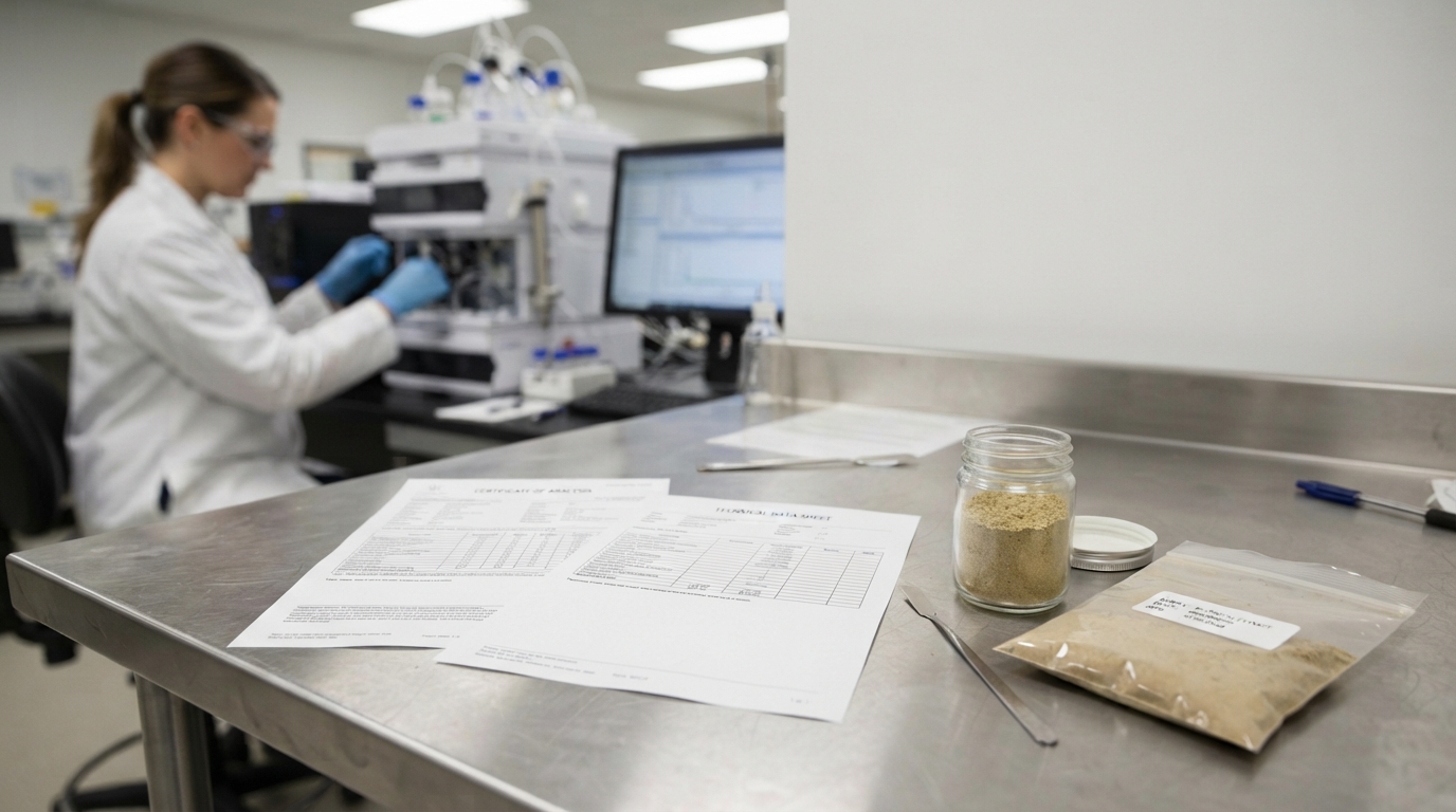 Lab bench with CoA and TDS documents beside a jar of extract powder and an HPLC instrument in the background.