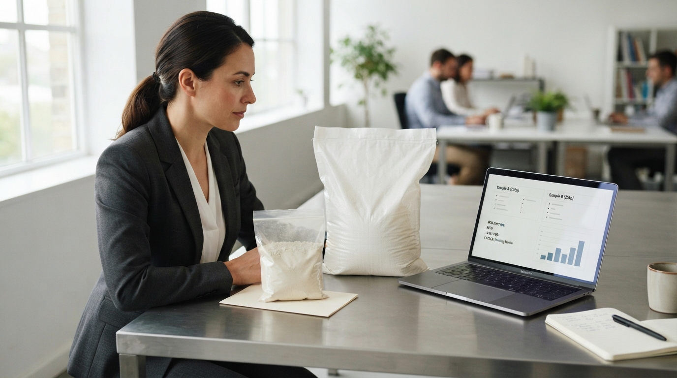Procurement professional comparing two sealed bags of extract powder, one small and one large, on a table with a laptop.