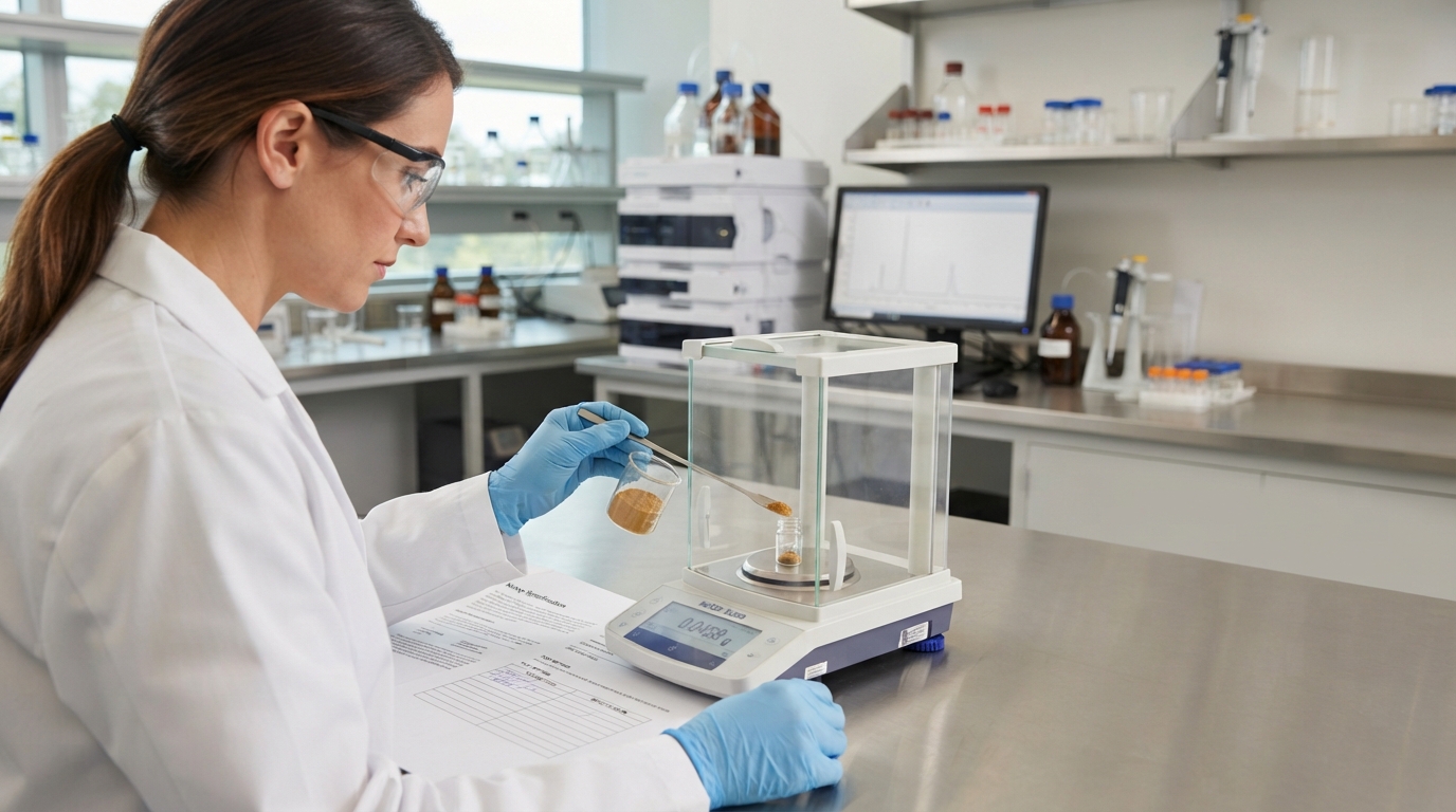 Scientist weighing botanical extract powder for assay specification verification in a quality control lab.