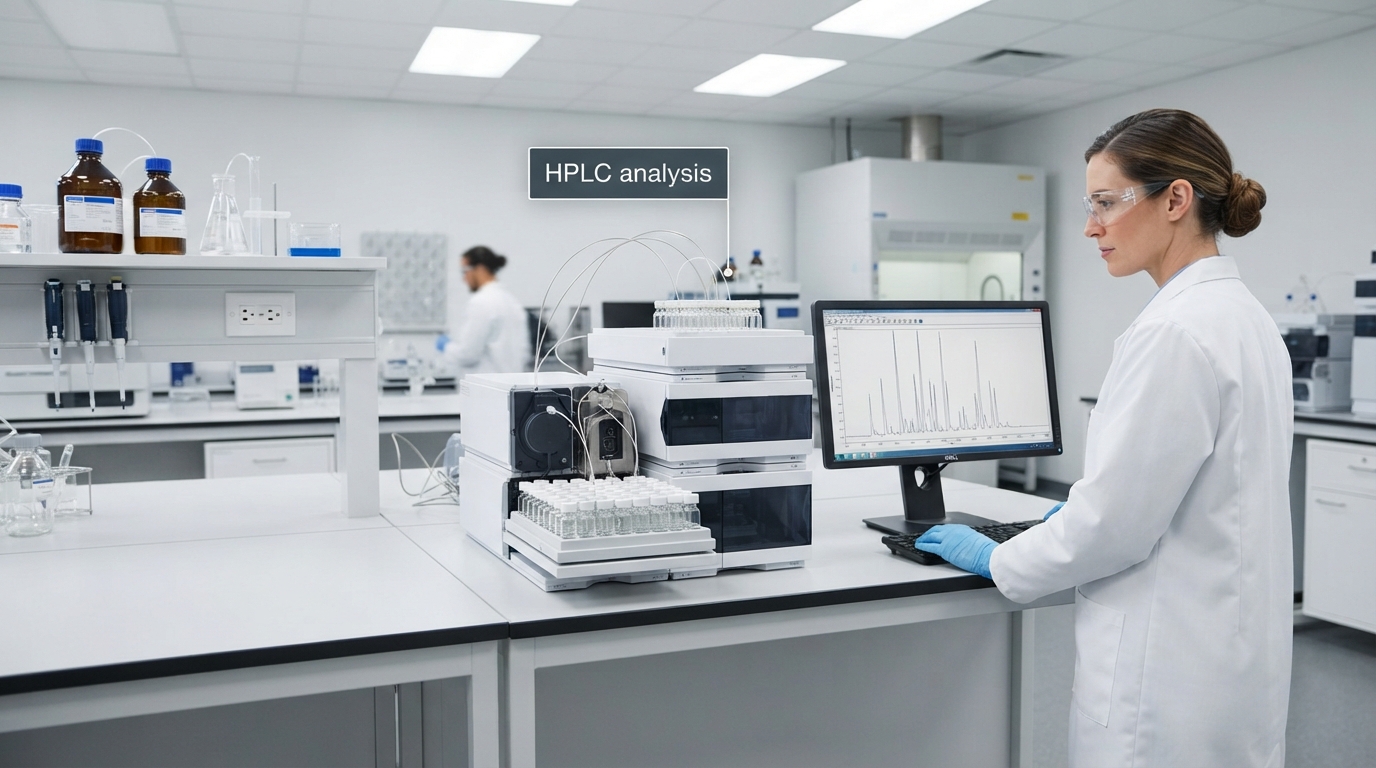 HPLC system analyzing botanical extract samples for potency and marker compound verification.