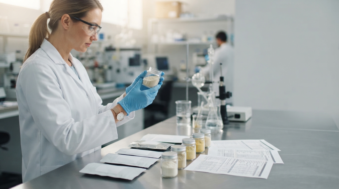 Gloved technician holding standardized botanical extract powder sample jar for nootropic ingredient sourcing