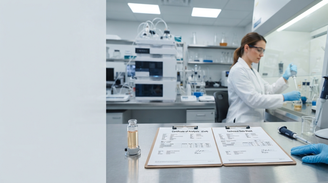 Lab documents Certificate of Analysis and Technical Data Sheet beside nootropic botanical extract sample vial
