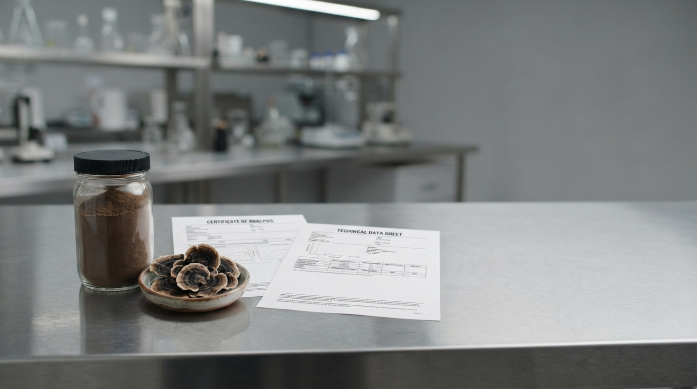 Turkey tail mushroom extract powder sample beside quality documents in a supplier laboratory.