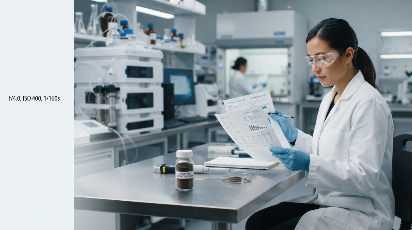 Quality technician reviewing turkey tail extract powder CoA documents near an HPLC instrument.