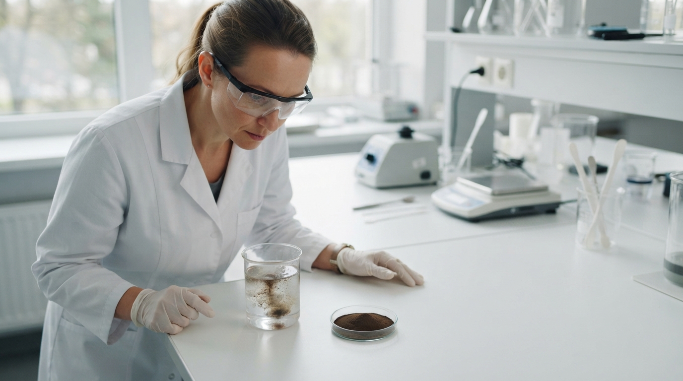 Turkey tail mushroom extract powder in a dish and dispersing in a beaker for formulation testing.