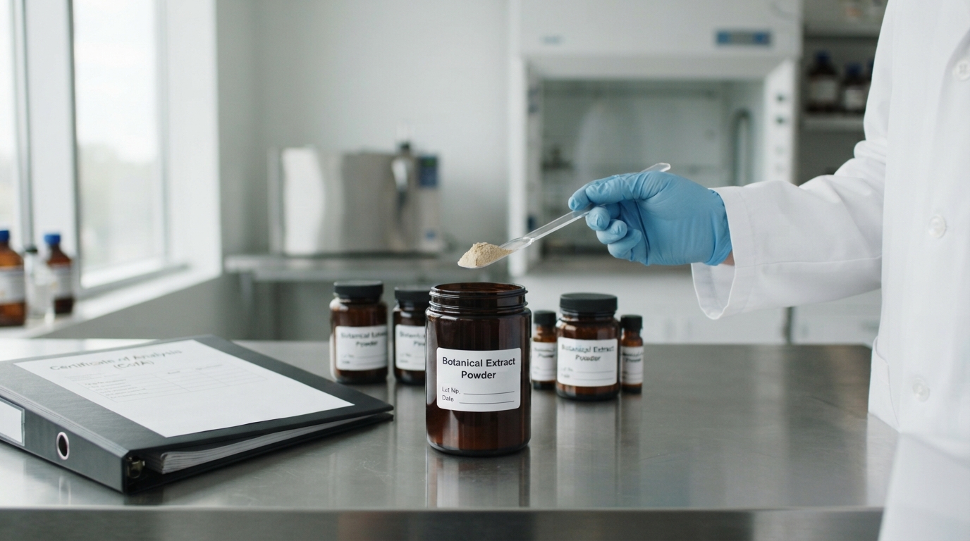 Gloved hand holding a spatula of botanical extract powder over a sample jar in a supplement development lab.