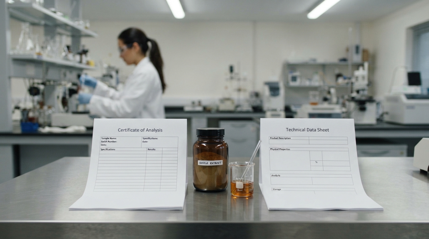 CoA and TDS documents beside botanical extract powder and liquid extract in a quality-control laboratory.