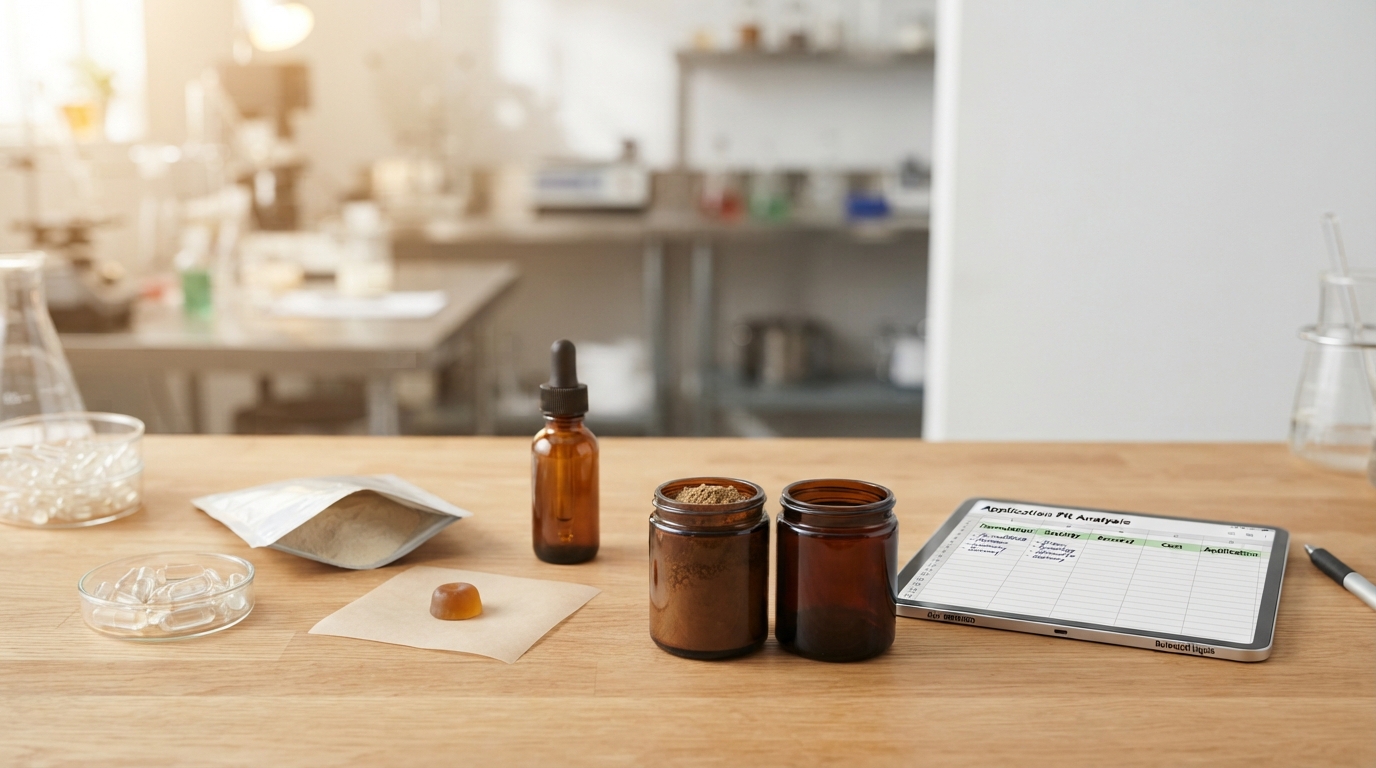 Dry and liquid botanical extracts beside capsules, powder, gummy, and liquid supplement format samples.