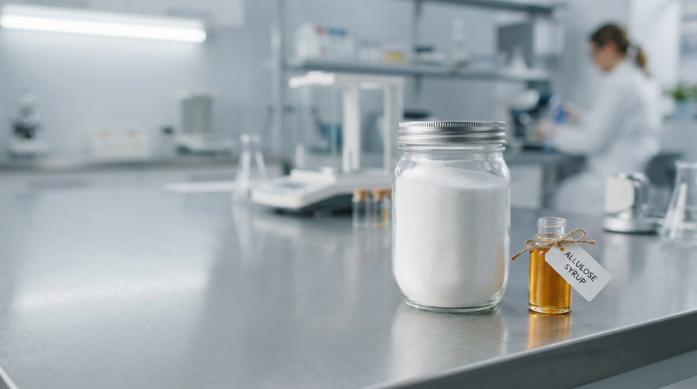 Bulk allulose powder and syrup sample in a clean ingredient-sourcing facility