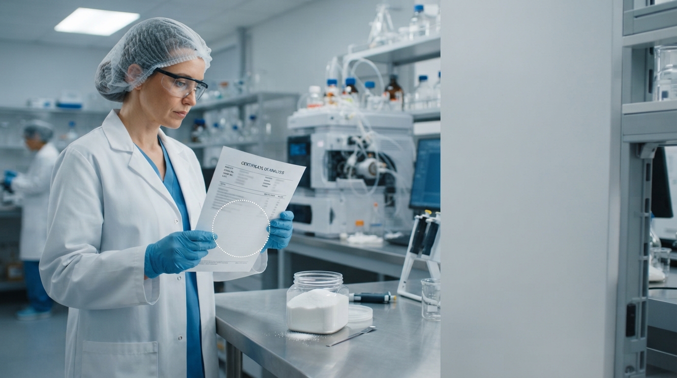 Lab technician checking allulose batch documentation with powder sample