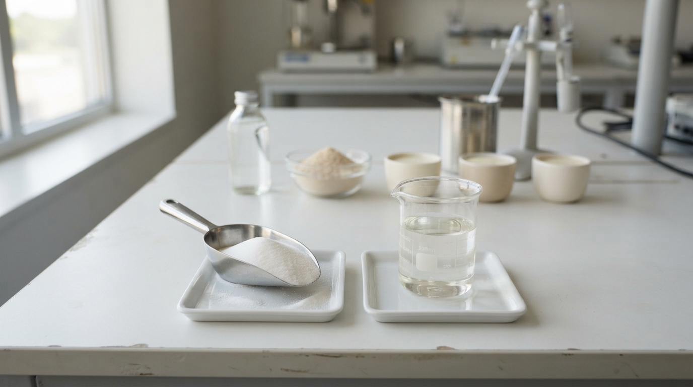 Allulose powder and syrup shown beside beverage, bakery, and dairy sample containers