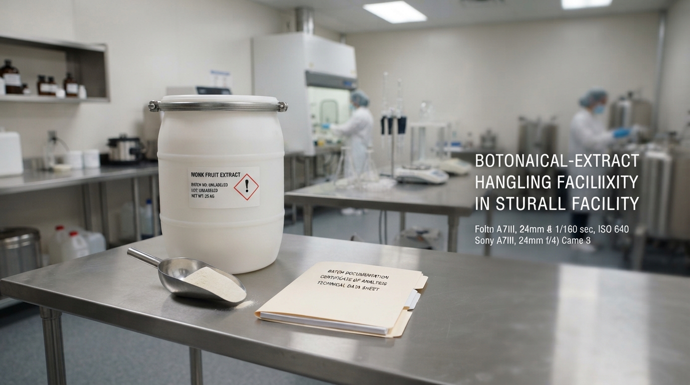 Bulk monk fruit extract powder in an industrial container with quality documentation beside it.