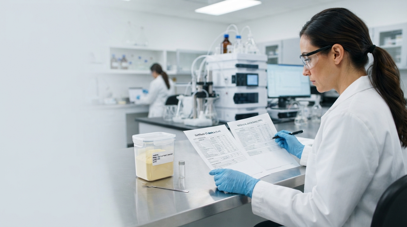 Quality control chemist comparing CoA and TDS documents beside monk fruit extract powder.
