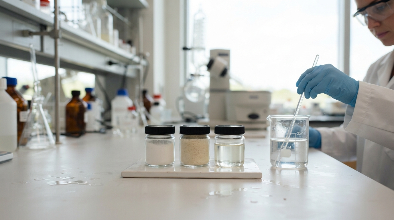 Monk fruit extract powder, granule, and liquid samples beside a beaker for beverage testing.