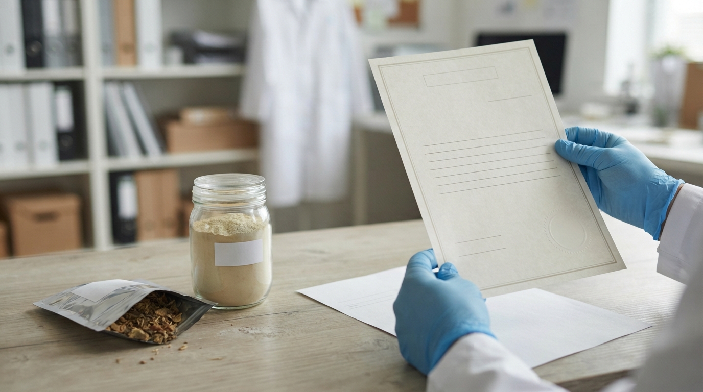 Procurement specialist reviewing blank organic certificate and CoA beside botanical extract powder sample.