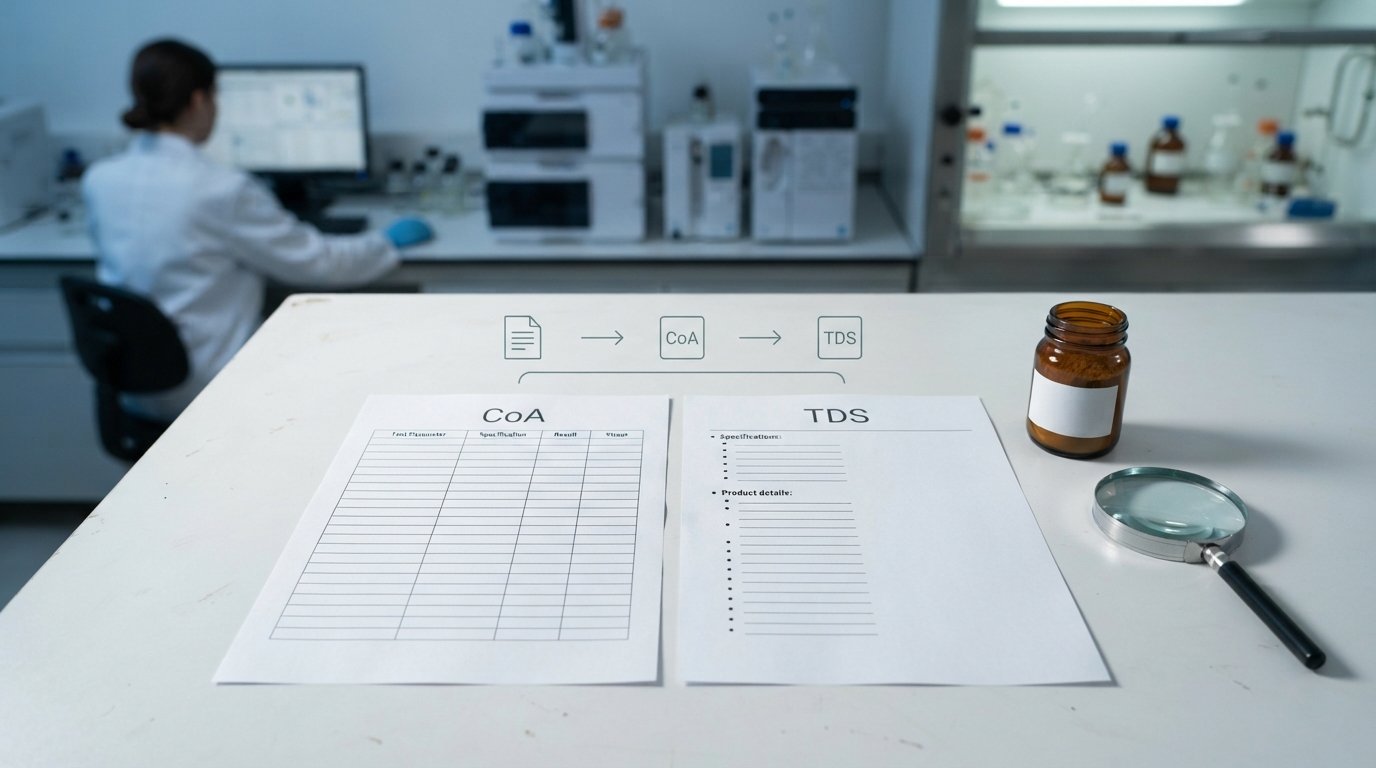 CoA and TDS documents side by side with botanical extract powder jar and magnifier in lab.