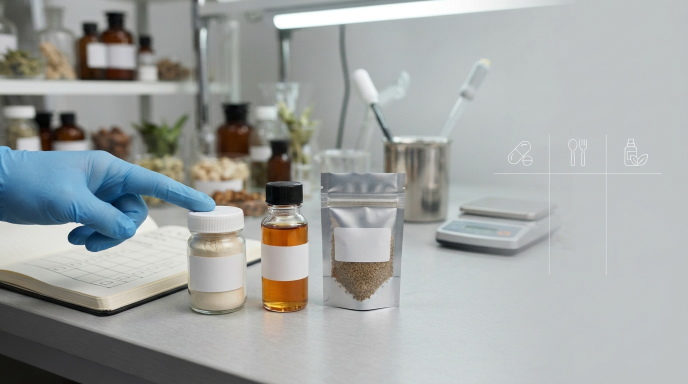 Comparing powder, liquid, and granule botanical extract samples on formulation lab bench.