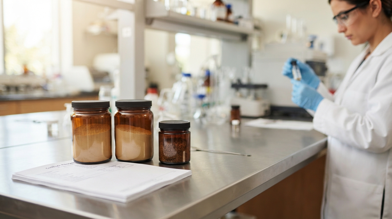 Natural plant and mushroom extract powder samples with ingredient documents for pet supplement sourcing.