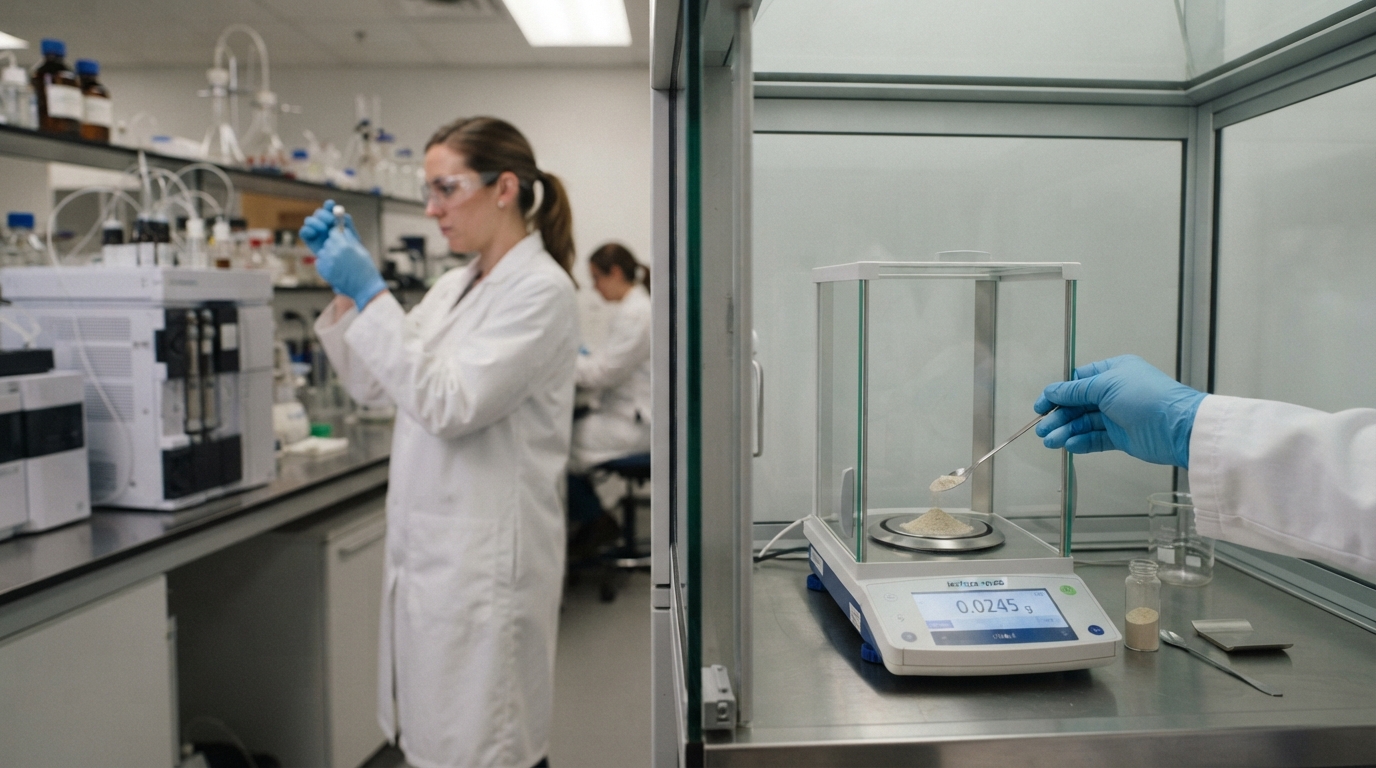 Quality control testing of botanical extract powder and analytical sample in a supplement ingredients lab.