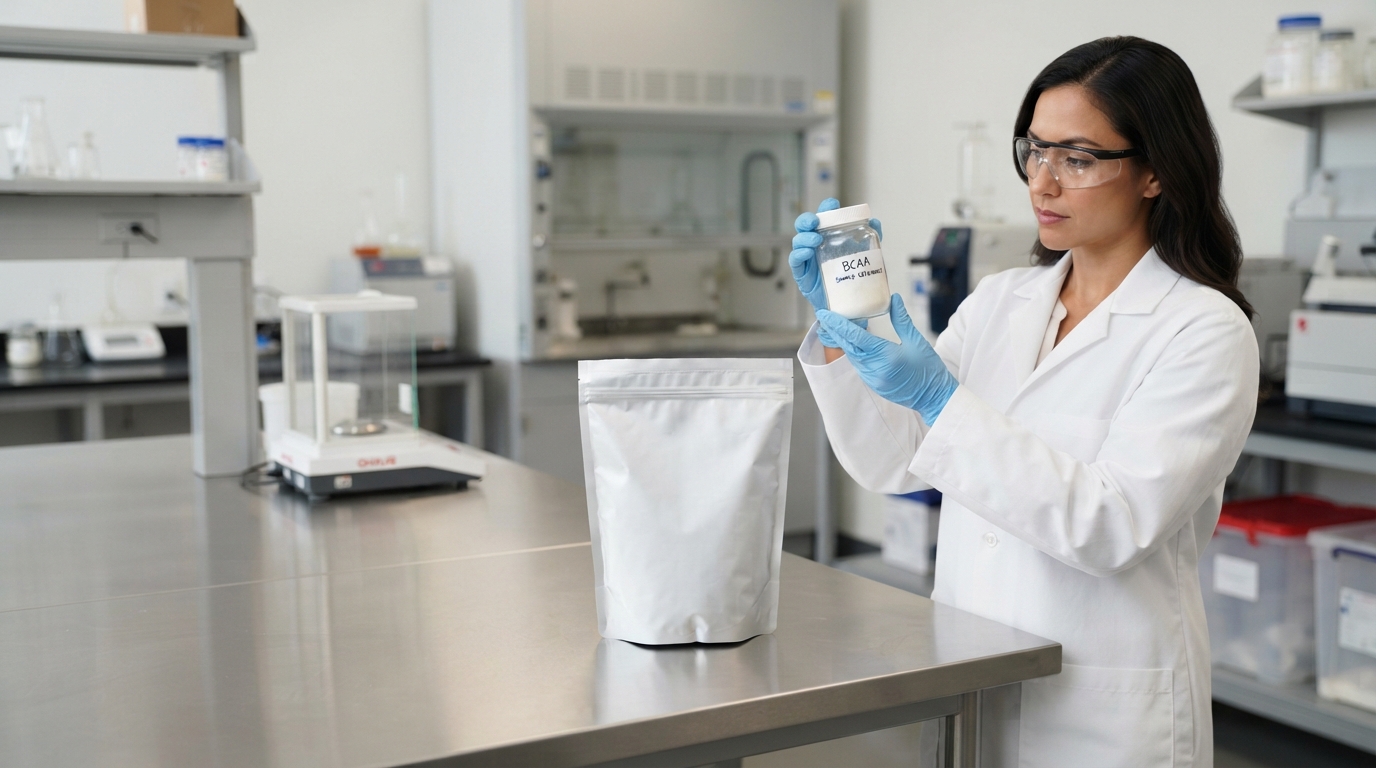 Bulk BCAA powder in a sealed sample jar during supplier qualification.
