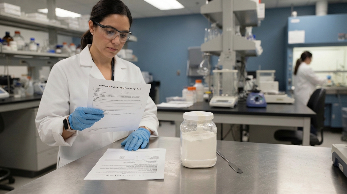 Technician reviewing CoA and TDS for sealed BCAA powder.