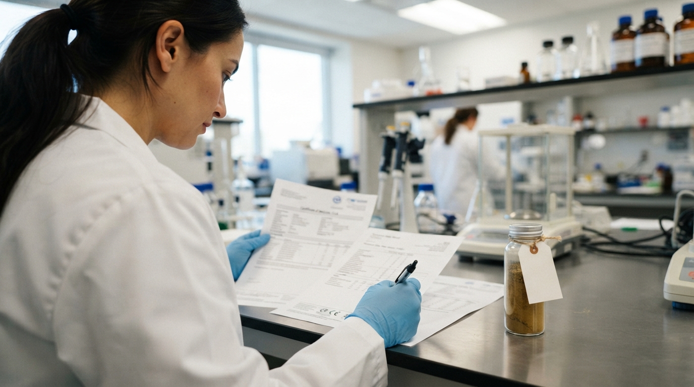 Buyer reviews CoA and TDS documents beside botanical extract powder sample.
