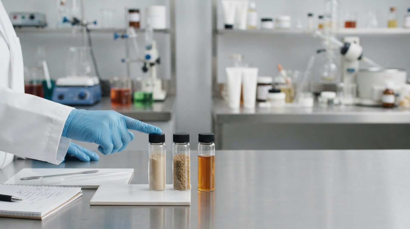 Comparing botanical extract powder, granule, and liquid samples for application fit.