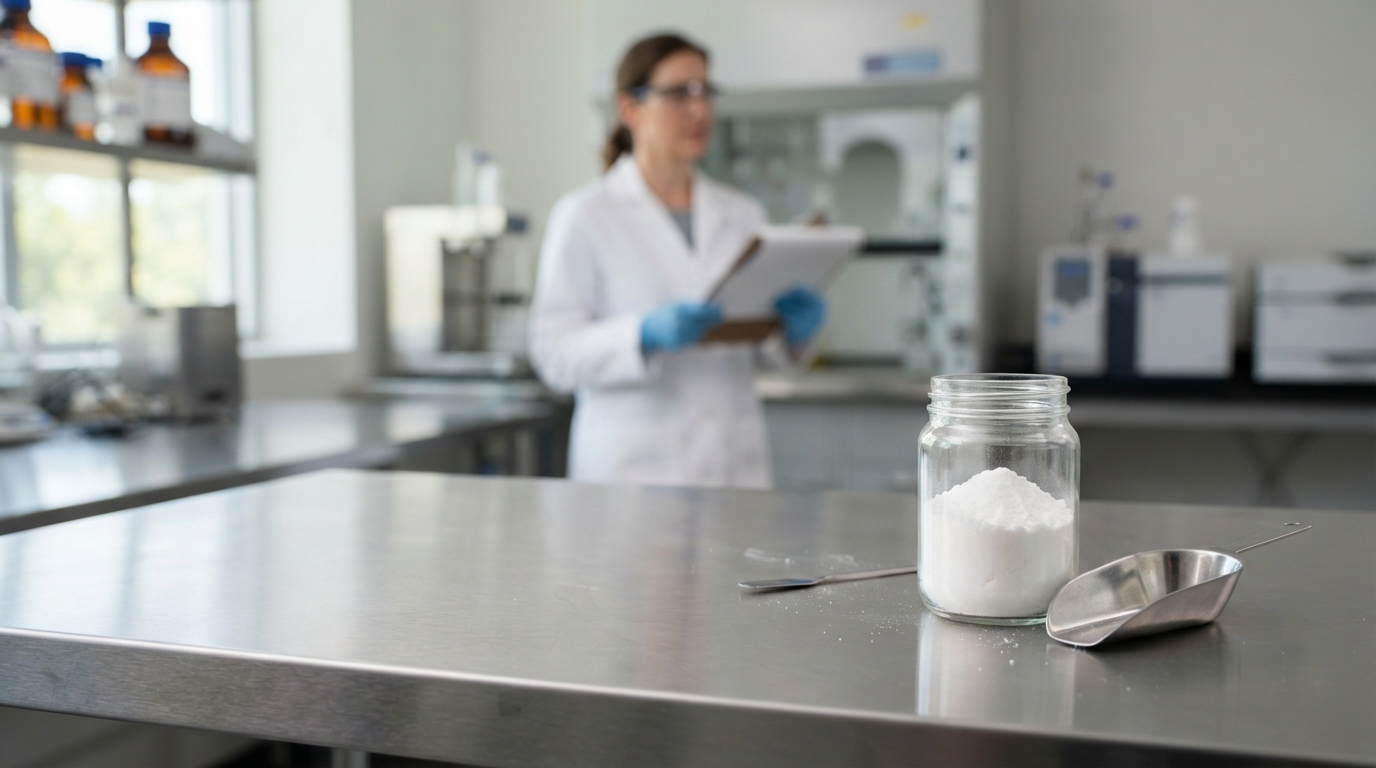 Sample container of white NR chloride powder on a lab bench with a gloved scientist in the background.