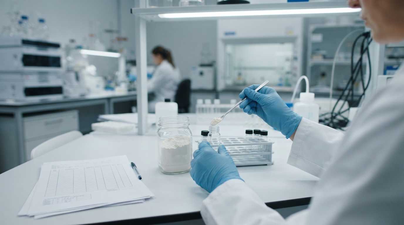 Gloved lab technician sampling white NR chloride powder into a vial next to blank testing documents.