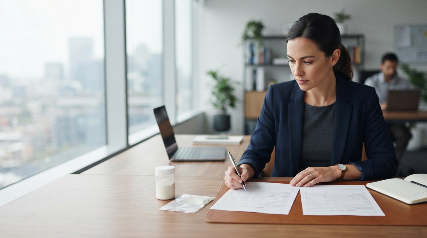 Buyer reviewing blank supplier documents beside an unlabeled NR chloride powder sample container.