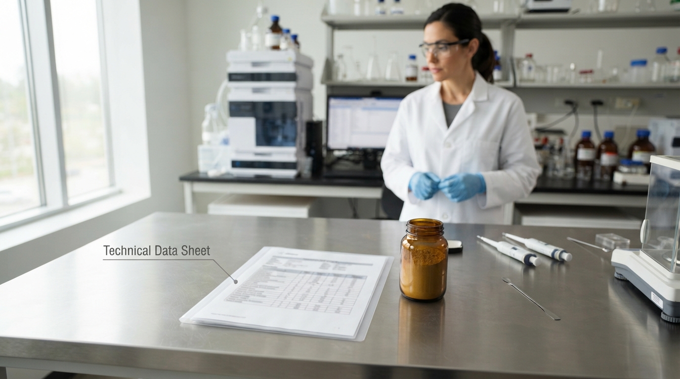 Botanical extract technical data sheet beside an unlabeled extract powder sample in a lab.