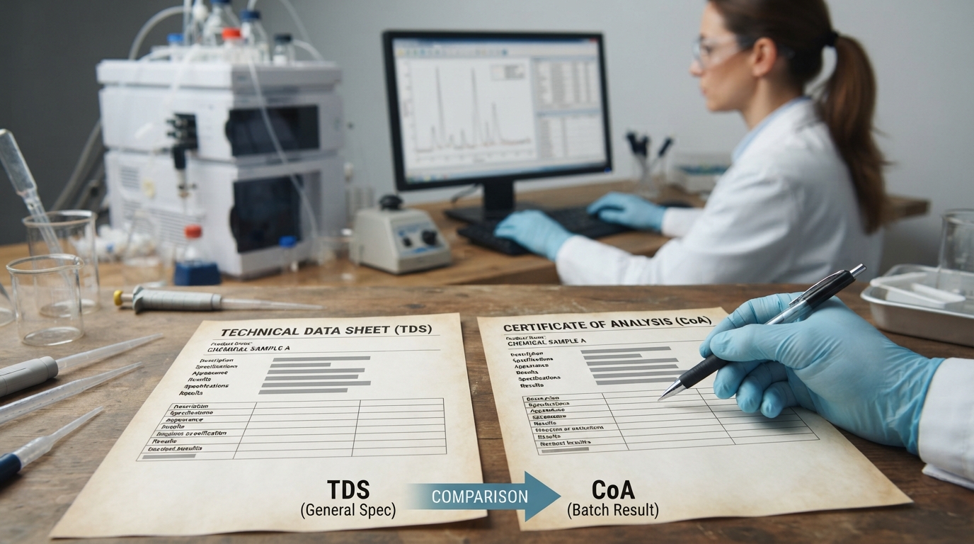 Side-by-side TDS and certificate of analysis documents reviewed by a gloved lab analyst.