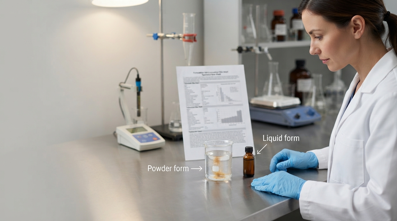 Powder and liquid botanical extract samples compared beside a technical data sheet in a laboratory.