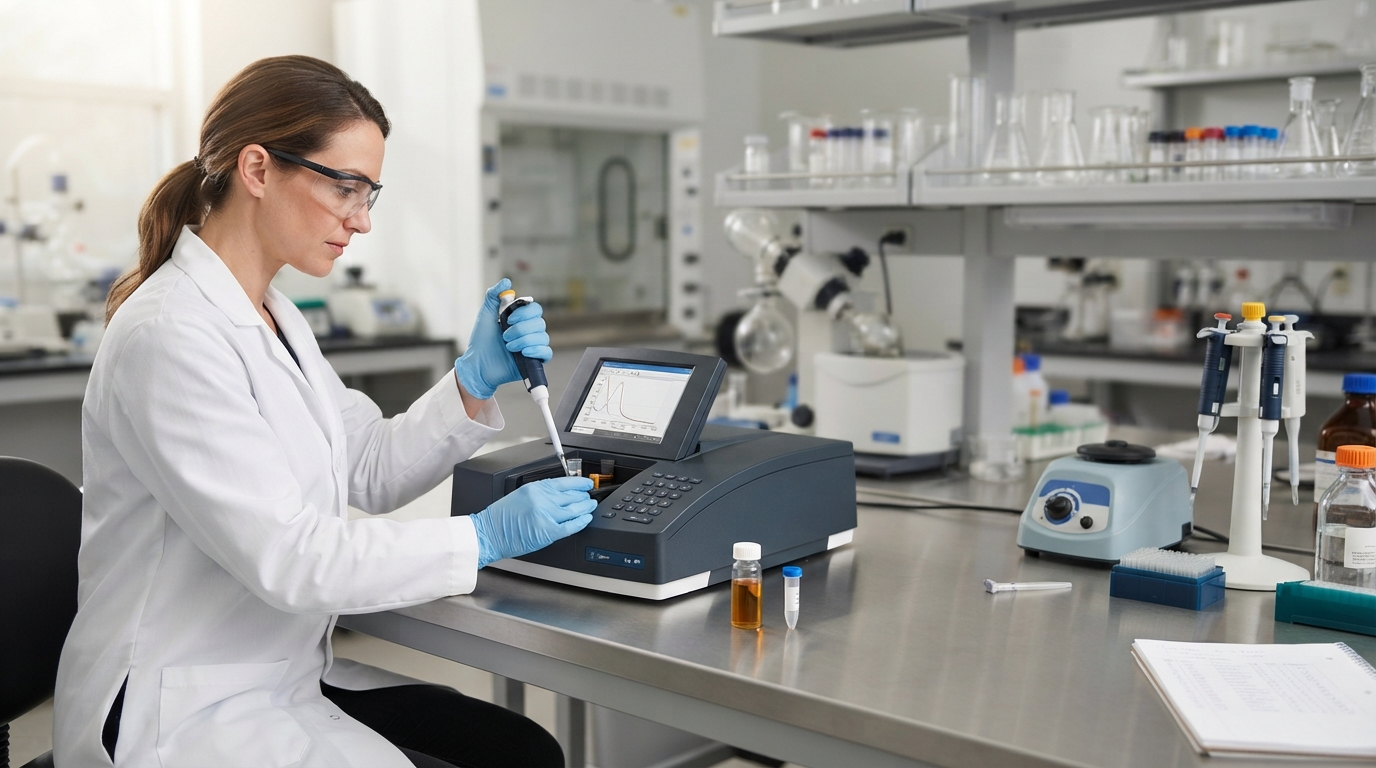 Lab technician using a UV-Vis spectrophotometer to test a herbal extract sample