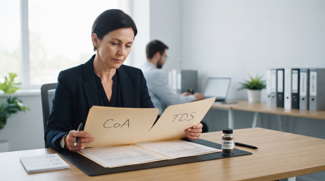 Quality manager reviewing batch-specific CoA and TDS documents for a herbal extract sample