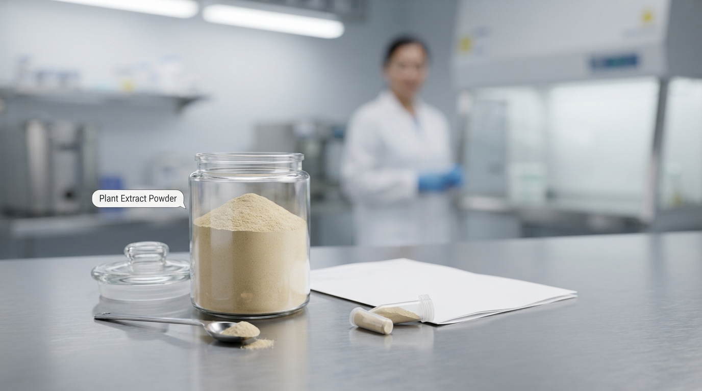 Powder-form plant extract in a clear jar with a stainless-steel scoop on a lab counter.