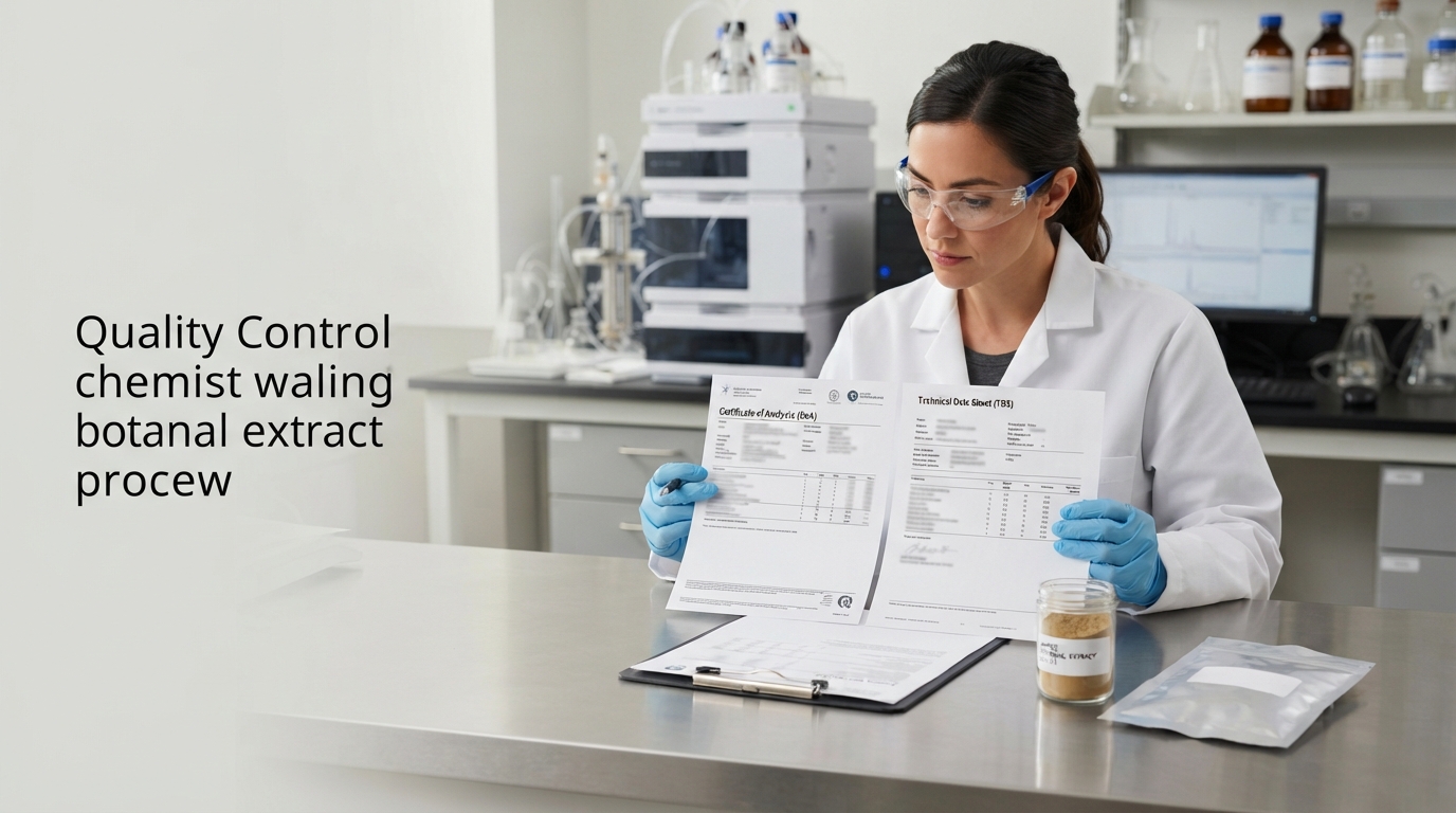 QC chemist compares CoA and TDS documents beside a botanical extract powder sample.