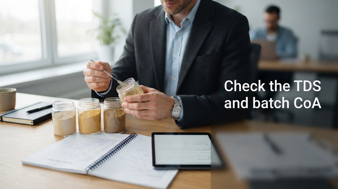 Sourcing professional compares three botanical extract powder samples with documents at a B2B desk.