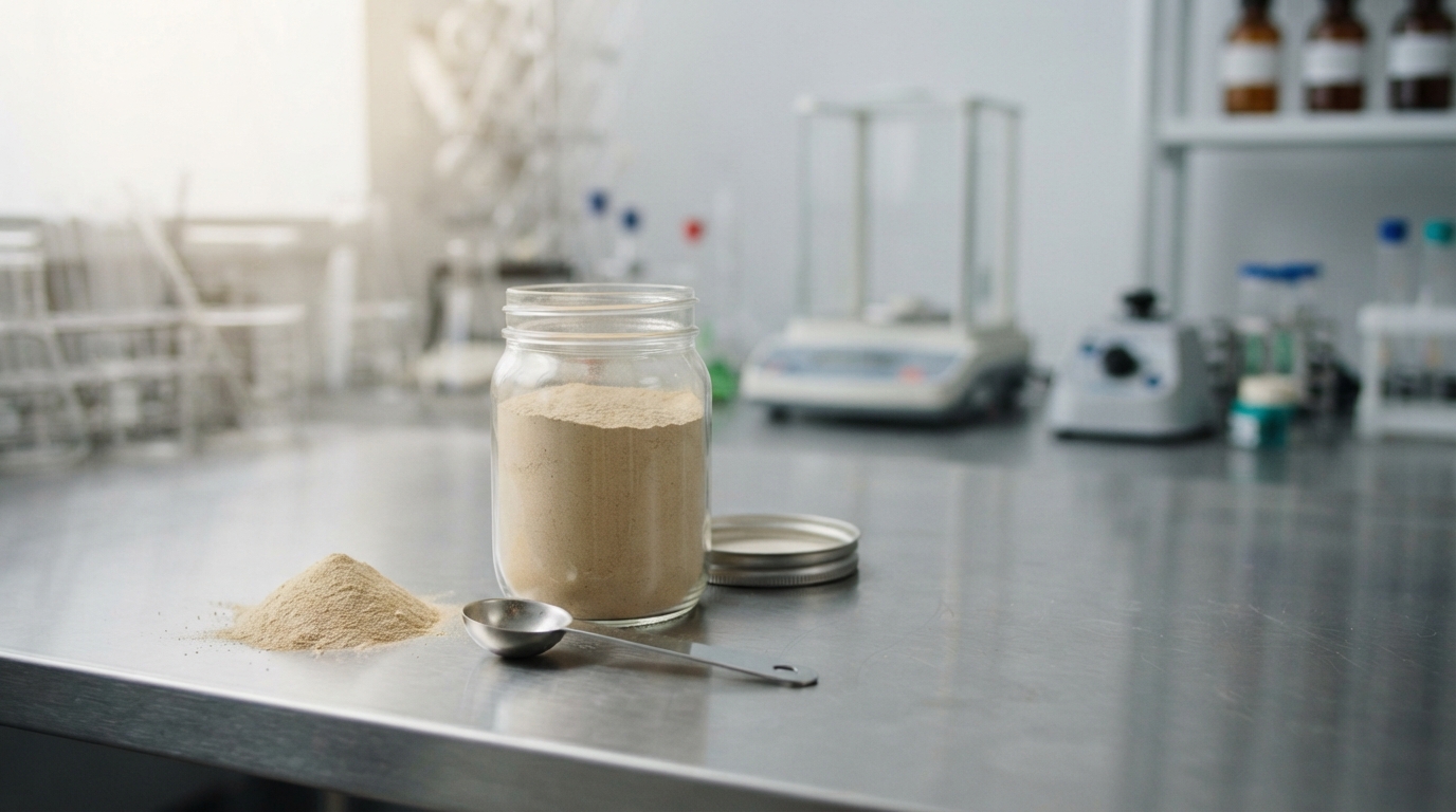 B2B lab scene showing a jar of fine ashwagandha extract powder on a stainless steel workbench.