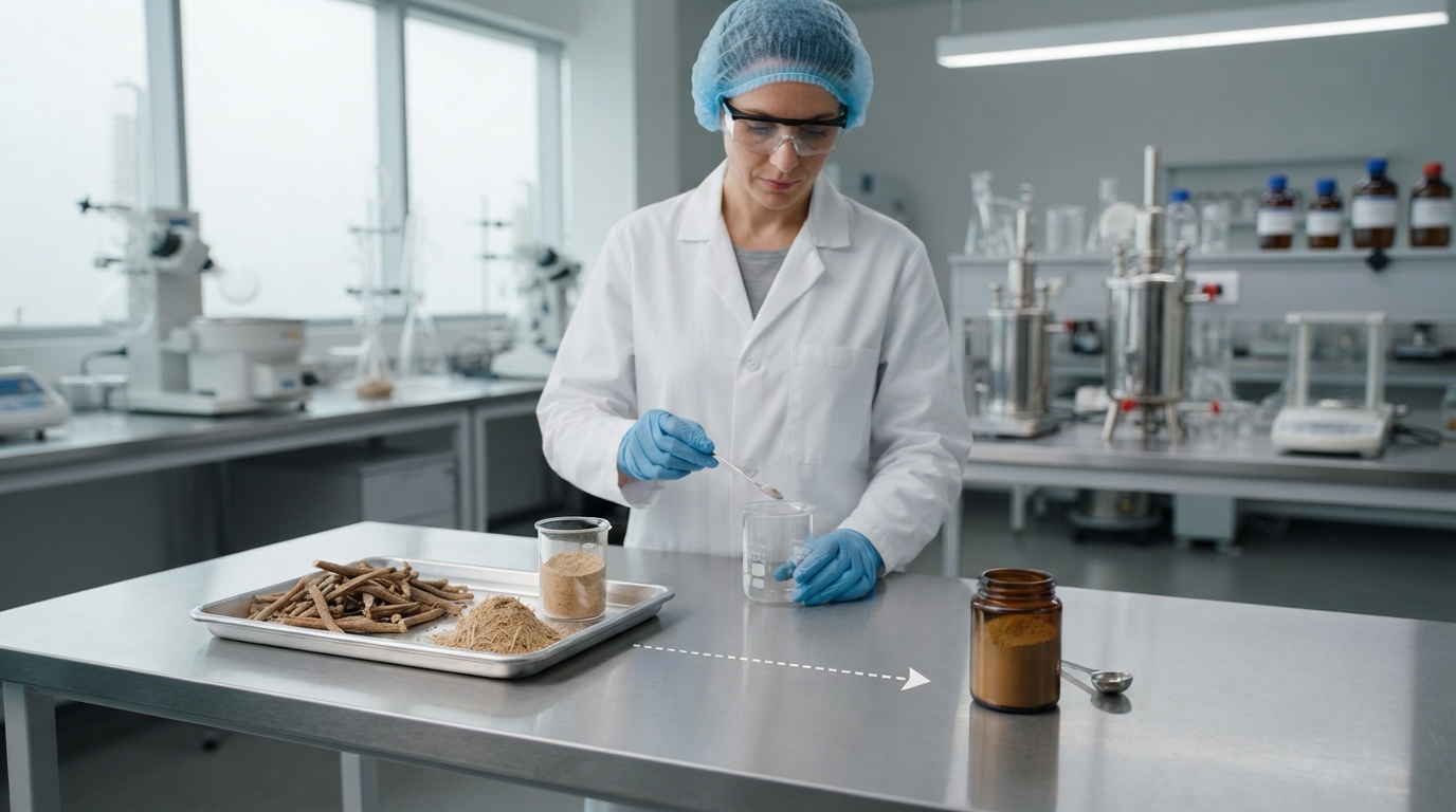Scientist comparing dried ashwagandha root material and extracted powder in a quality-control laboratory.