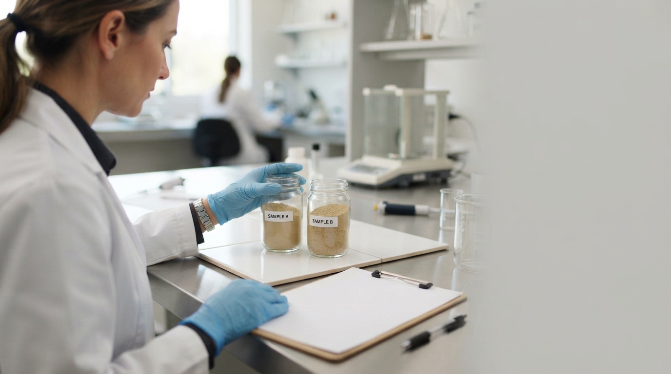 Buyer comparing two unlabeled ashwagandha extract powder samples beside a technical document.
