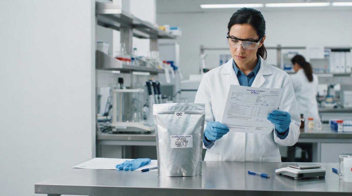 Technician reviewing a botanical extract CoA beside sealed bulk extract packaging in a QC laboratory.